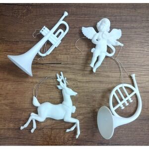 Set of 4 vintage white plastic Christmas ornaments Vtg Angel Reindeer Horn A5